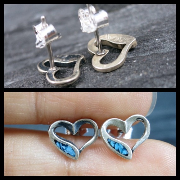 Bundled📛925 Turquoise HEART Stud Earrings - Picture 2 of 3