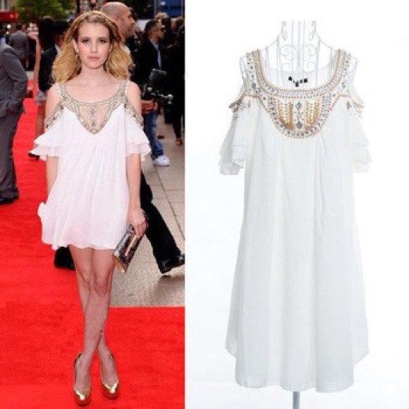 Chiffon beaded white cocktail dress - Picture 1 of 4