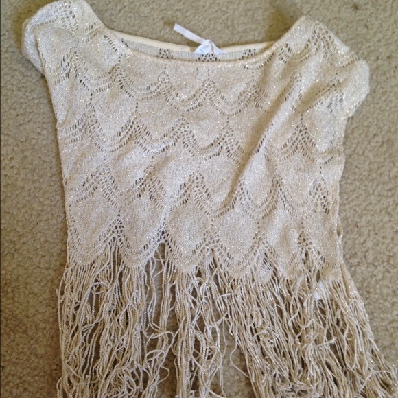 White and gold fringe crop top