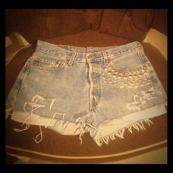 Levi's 501 cutoff with distressing and studding!
