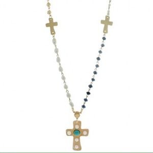 Cross sign long matt gold chain with beads ❤️