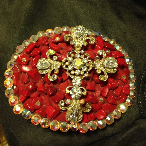 Gorgeous red coral rhinestone cross belt buckle