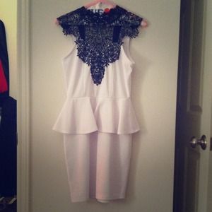 Black lace trimming neckline peplum dress