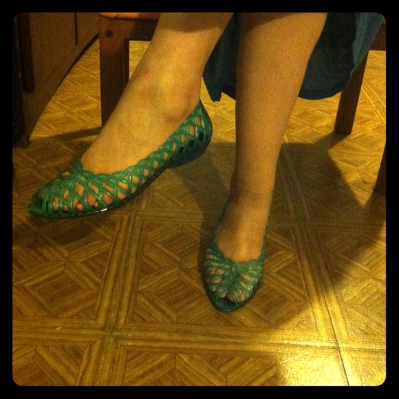 Teal blue peep toe jelly sandals