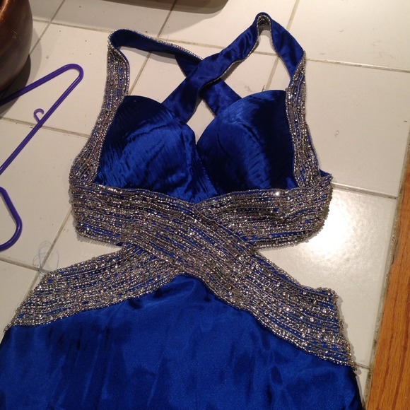 Blue and silver long prom dress