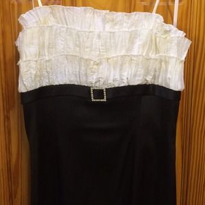 Elegant White Ruffle Top Black Satin Bottom Dress