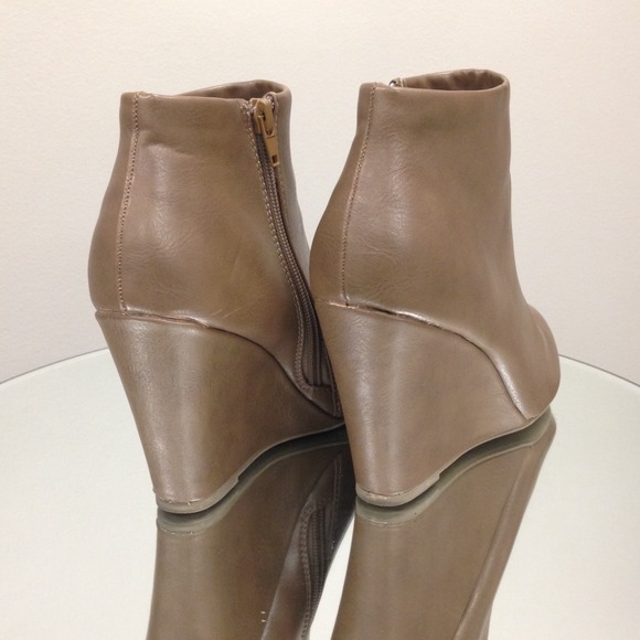 Sold: Taupe Brown Leatherette Wedge Booties - Picture 2 of 4