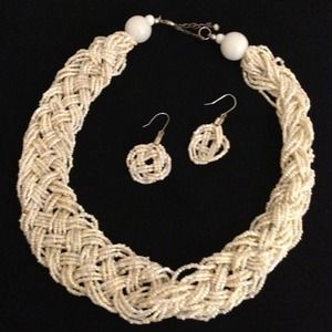 Cream braided necklace and matching earrings set