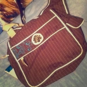 Brown and teal messenger bag