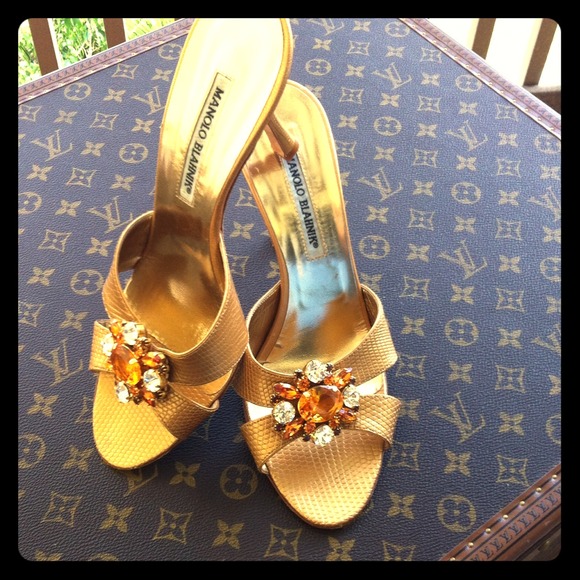Manolo Blahnik gold jeweled slides!
