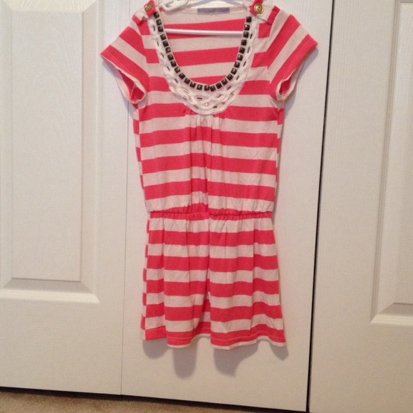 Girls pink & cream striped dress