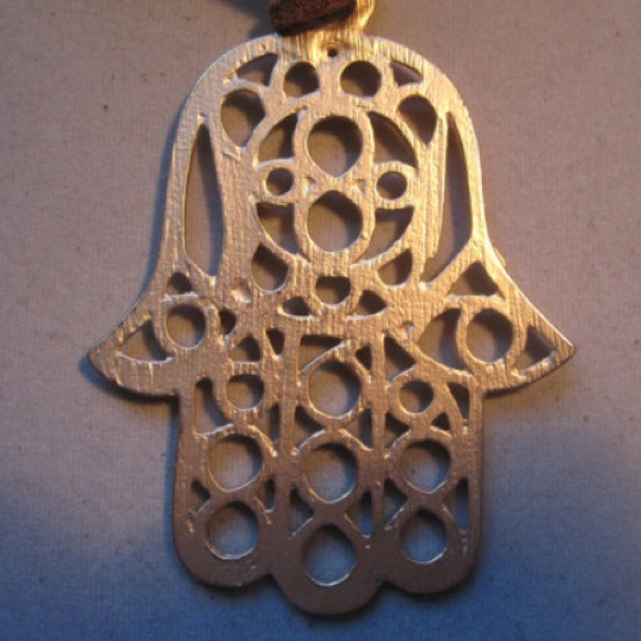 Large Necklace Hamsa Gold Vermeil Pendant on Vegan Leather - Picture 2 of 6