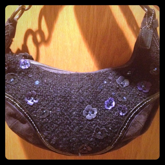 Coach midnight blue wool handbag with flowers