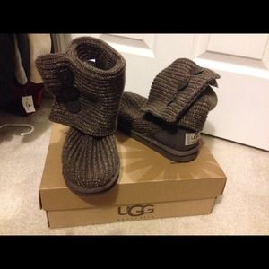 Brown sweater Uggs with gold thread and buttons