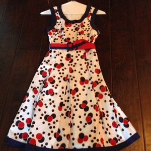 UK brand Ruby Belle red, blue and white dots dress