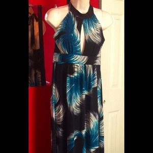 Floral Feather Print Maxi Keyhole Dress