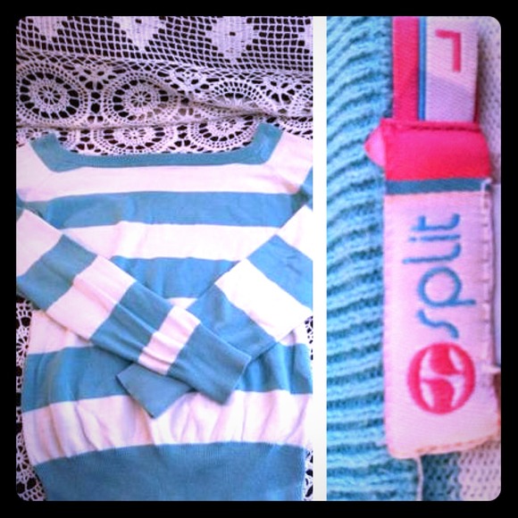 Split teal and white striped sweater