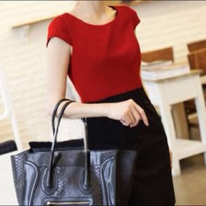 Round Collar Color Matching Montage Dress Red