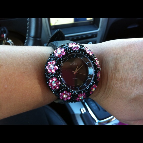 Geneva Black and Pink Bling Watch