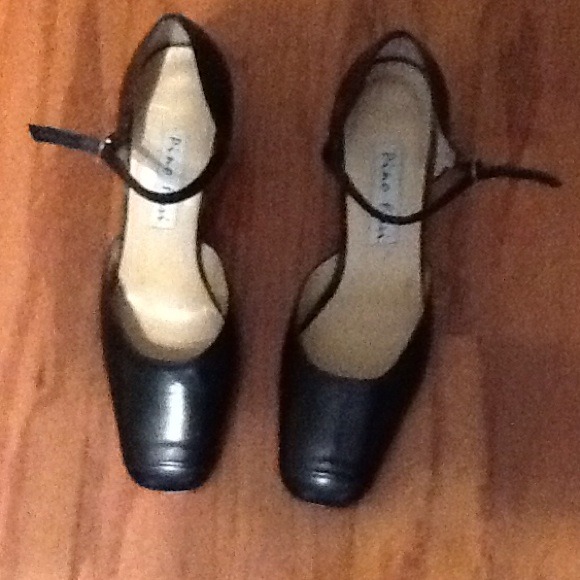 Black leather ankle strap heels, 7.