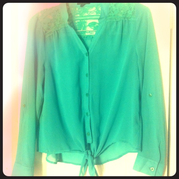 Green tie front blouse