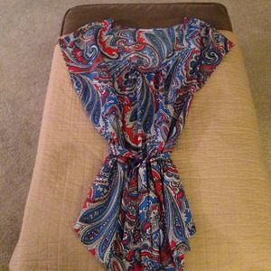 Red, white and blue paisley print fashion top.