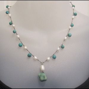 Sterling, turquoise and pearl necklace.