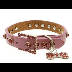 Pink Dog Collar With Rhinestone Bone Charm