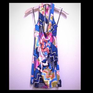 Blue geo print halter dress