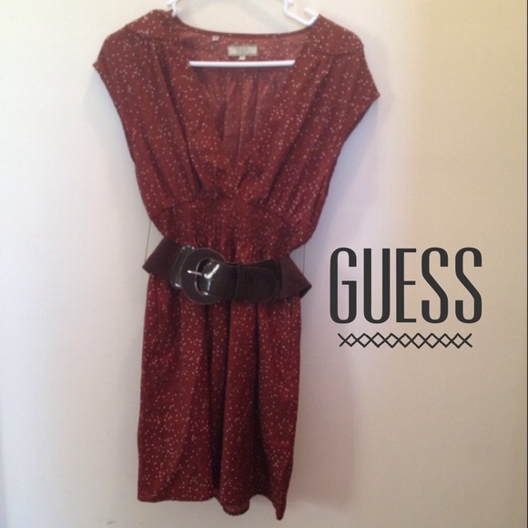 GUESS brown dress with white and blue polka dots