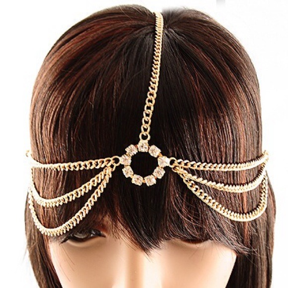 Gold Tone Metal Clear Rhinestone Head Chain