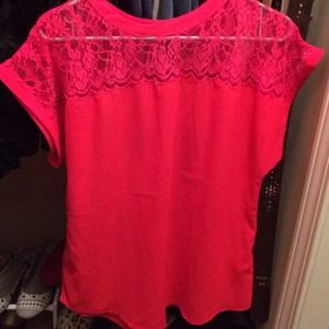 H&m neon neon pink/coral/red top w/ lace shoulder