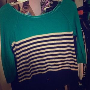 Colorblocked blue and navy blue sweater.