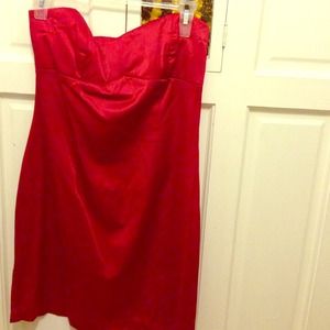 Red strapless dress.