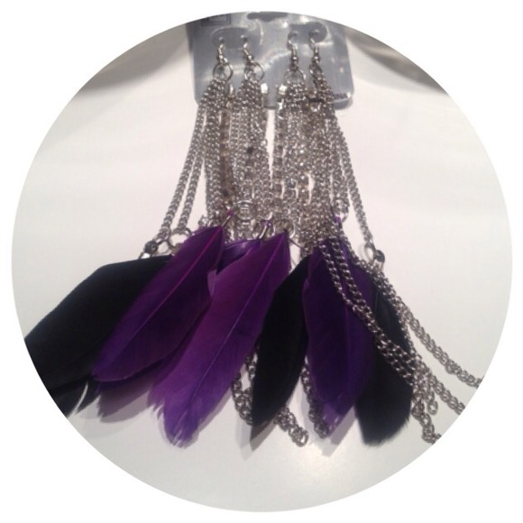 Jewelry - 2 pairs, Purple & Black Feather Chain Earrings