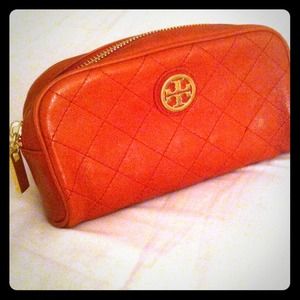 Large Tory Burch quilted red cosmetic case