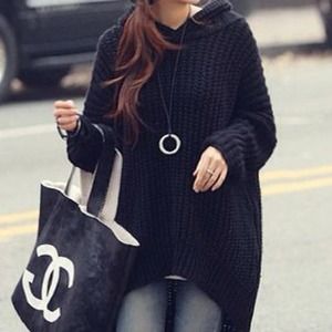 Oversized Chunky Black Cable Knit Sweater W/ Hood
