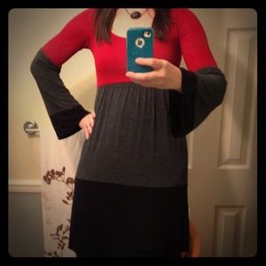 Long sleeve red, gray, and black dress