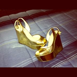 Zara gold platform peep toe ankle strap shoes