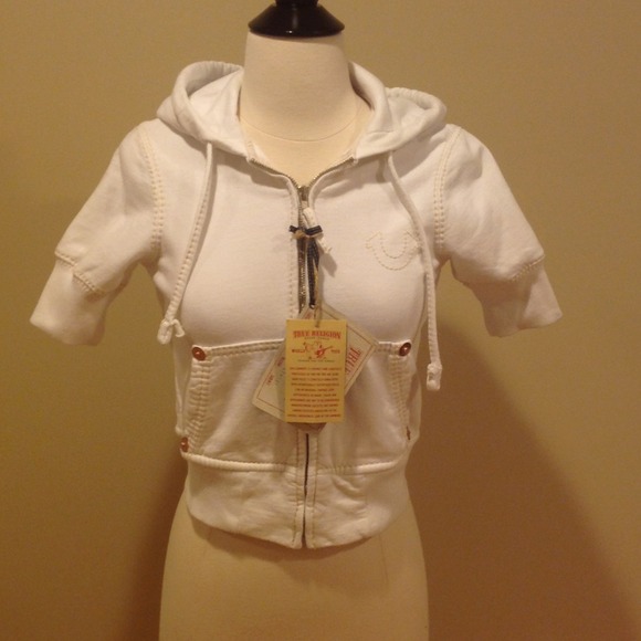 True Religion White Cropped Hooded Sweatshirt