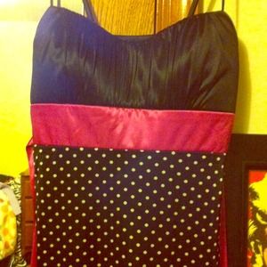 Black pink and white polka dot semi formal