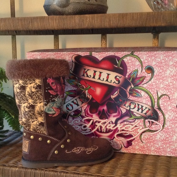 Ed Hardy's version of Ugg Boot.  Brown suede.