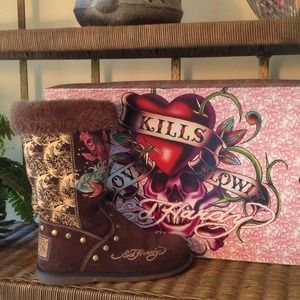 Ed Hardy's version of Ugg Boot.  Brown suede.