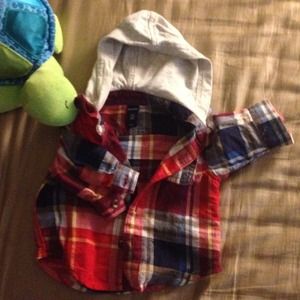 0-3 button-up shirt with attached hood