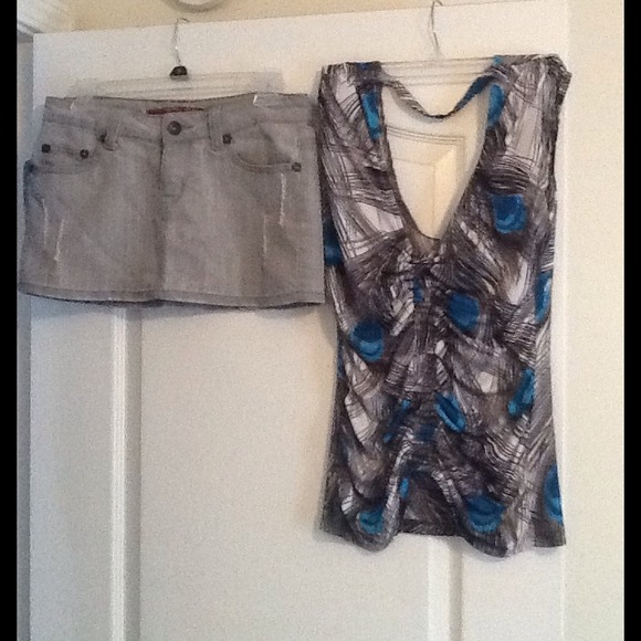 Cute peacock top + Mini jean skirt - Picture 1 of 4