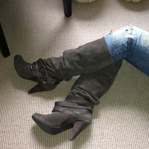 Taupe Suede Buckle Strap Knee High Boots