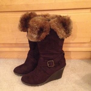 Faux Suede/Fur Wedge Boots