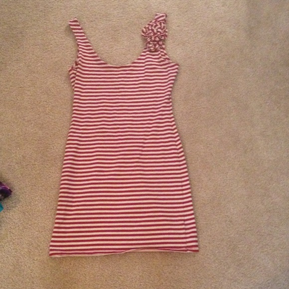 Red and cream stripe dress with flower accent