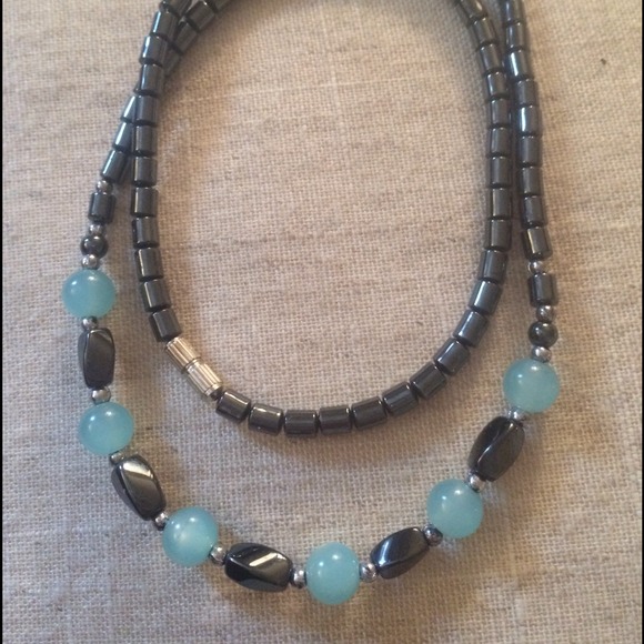 Hematite and Teal Glass Bead Necklace