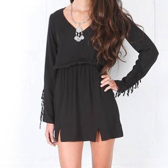 Black long sleeve fringe Navajo mini dress